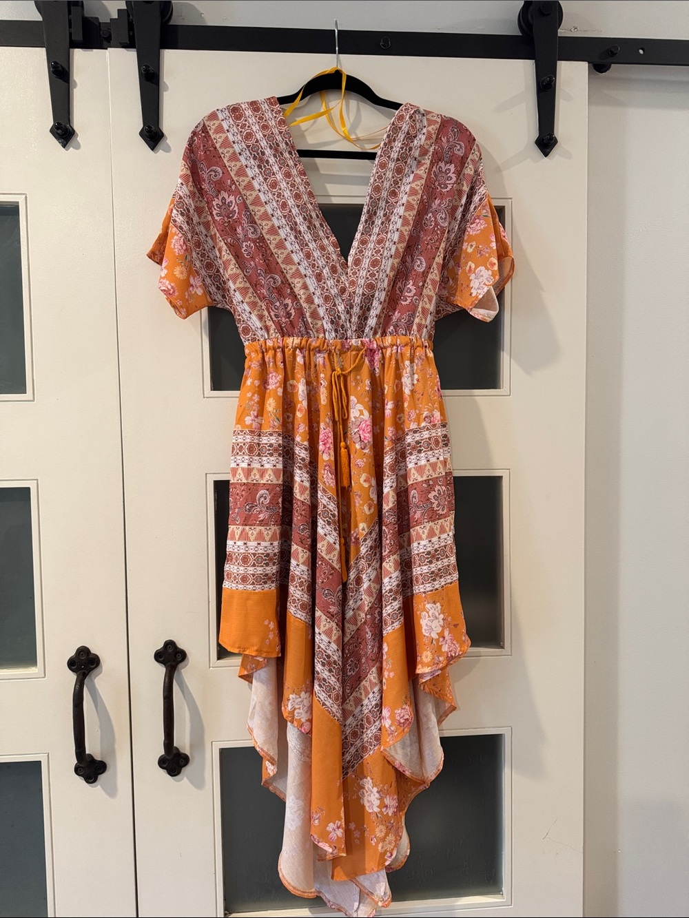 Boho Floral Tie-Waist V-Neck Dress in Mustard. Deep V-Neck back.